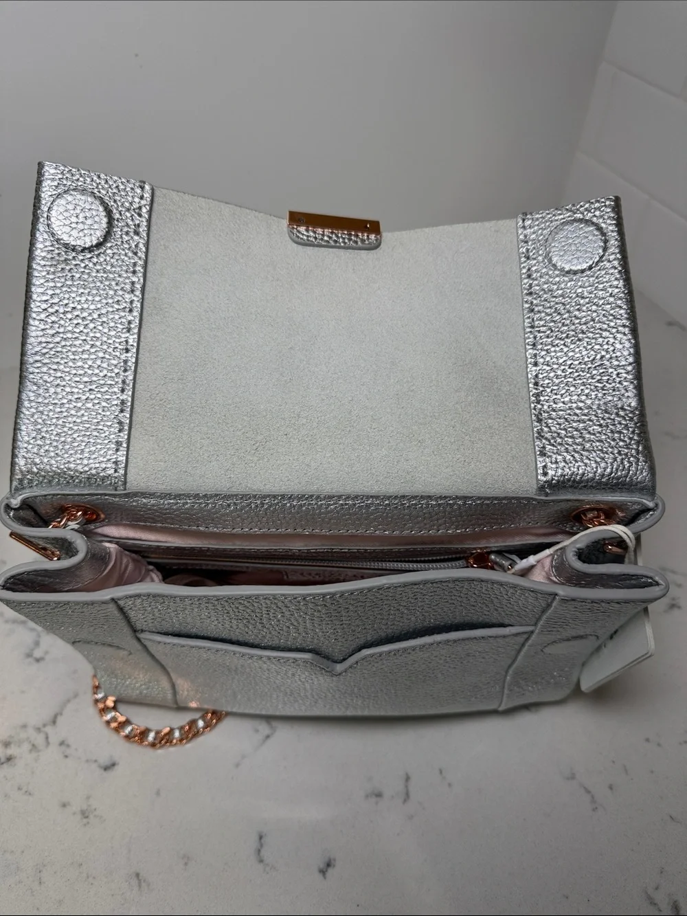 NWT Ted Baker London Parson Pebbled Metallic Silver Leather Crossbody Bag